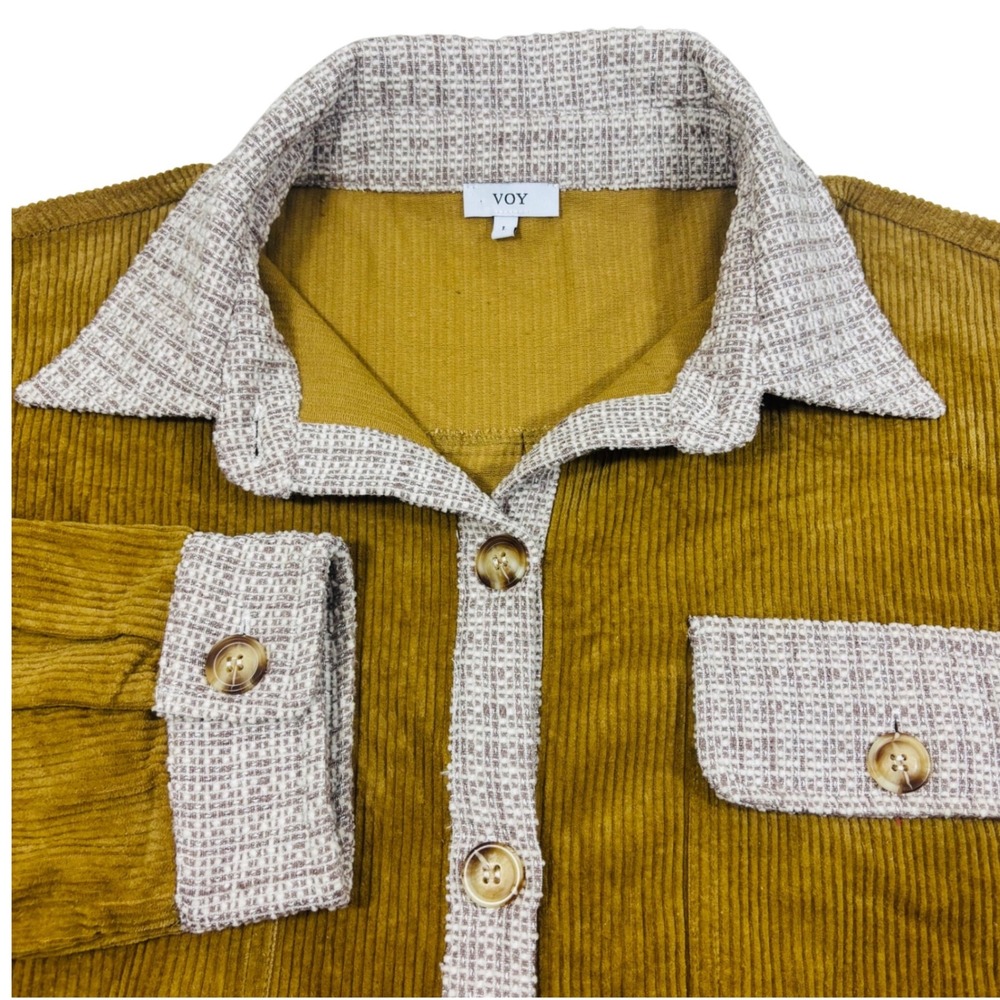 Voy Corduroy Tan Shacket Pink White Trim Color Button Down Side Pockets Sz Large